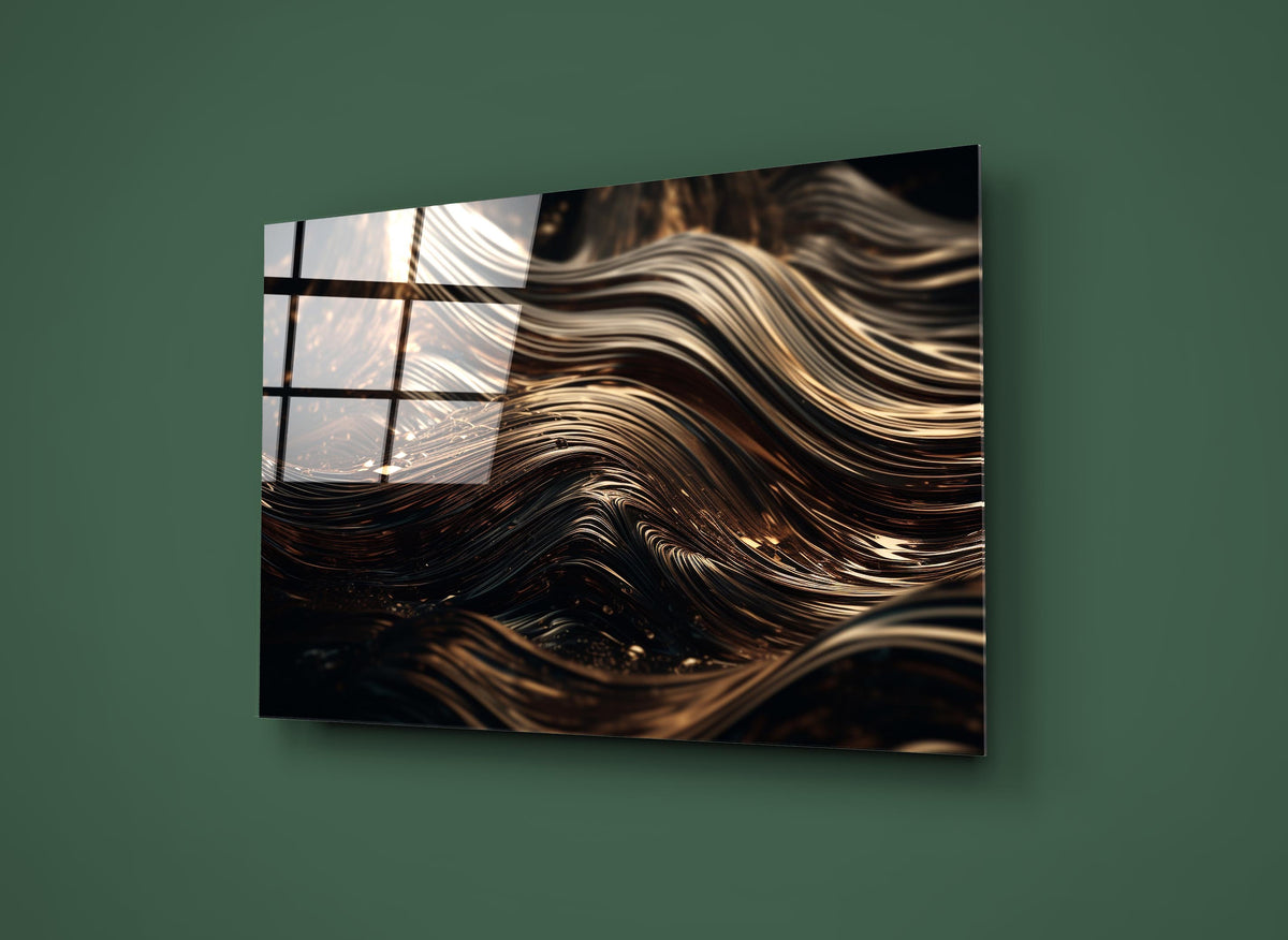 Bronze Liquid Waves Abstract Glass Wall Art on the wall