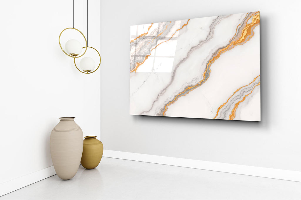 White and Gold Marble Glass Wall Art in a living room interior