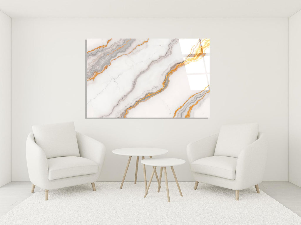 White and Gold Marble Glass Wall Art in a modern interior