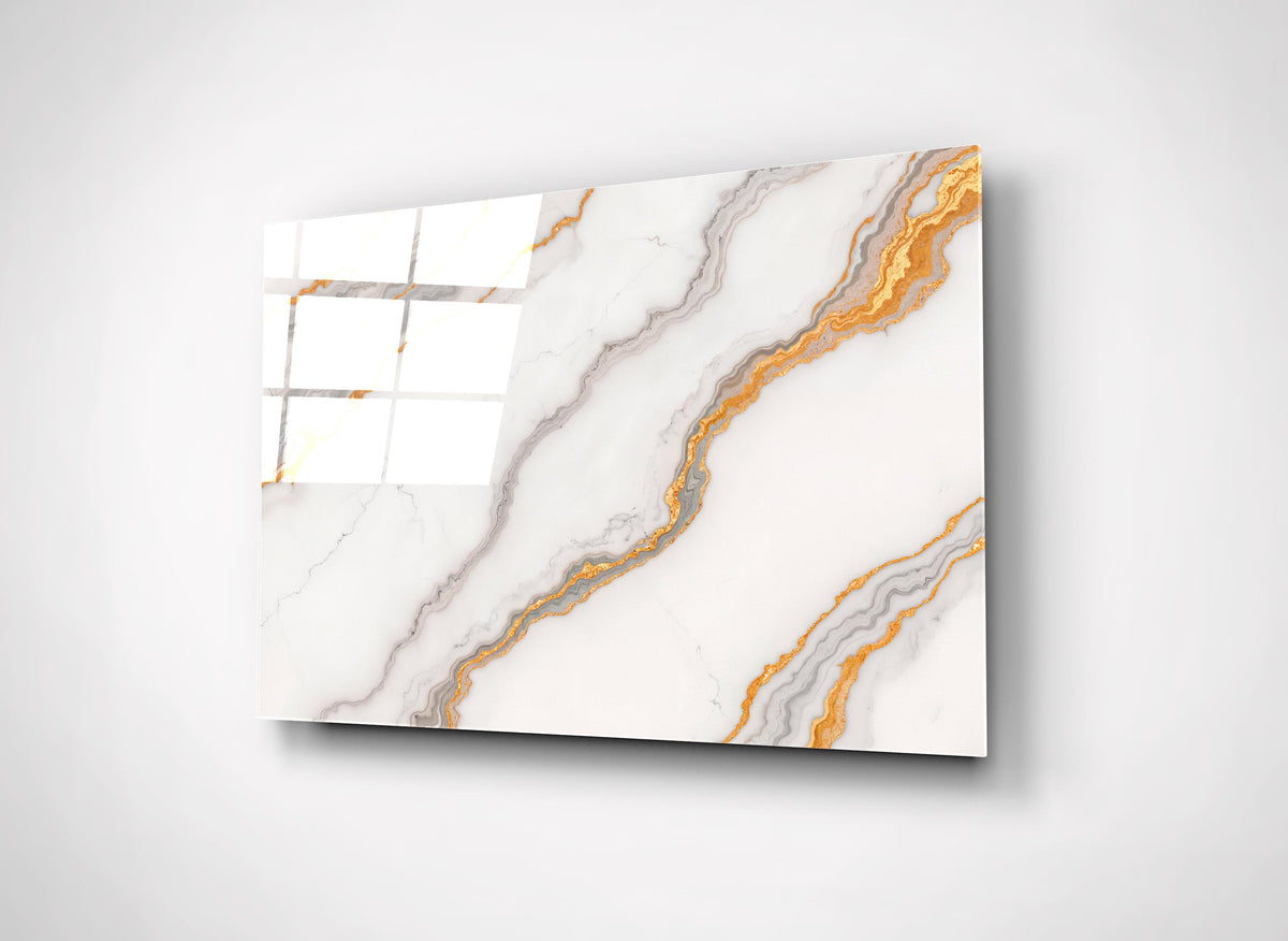 White and Gold Marble Glass Wall Art on the wall