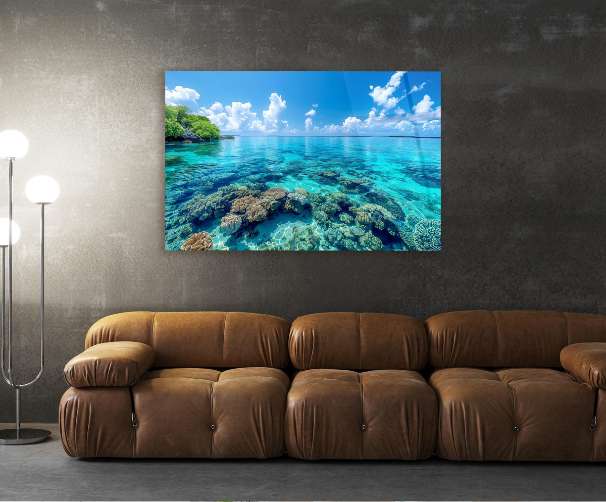 Tropical Lagoon Coral Reef Glass Wall Art in a modern interior
