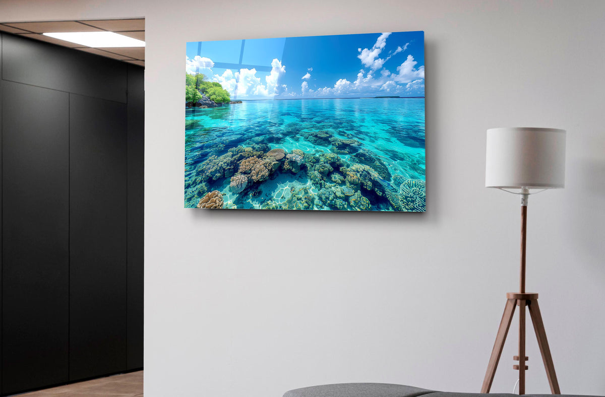 Tropical Lagoon Coral Reef Glass Wall Art on the wall