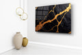 Black Marble with Gold Veins Glass Wall Art in a living room interior