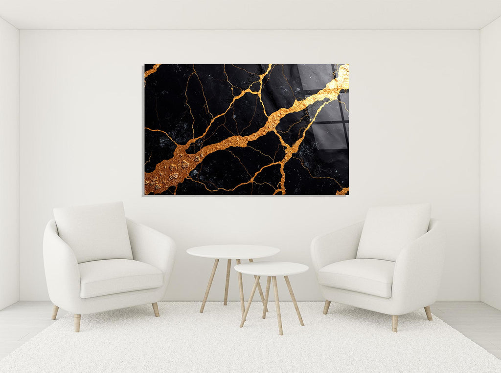 Black Marble with Gold Veins Glass Wall Art in a modern interior
