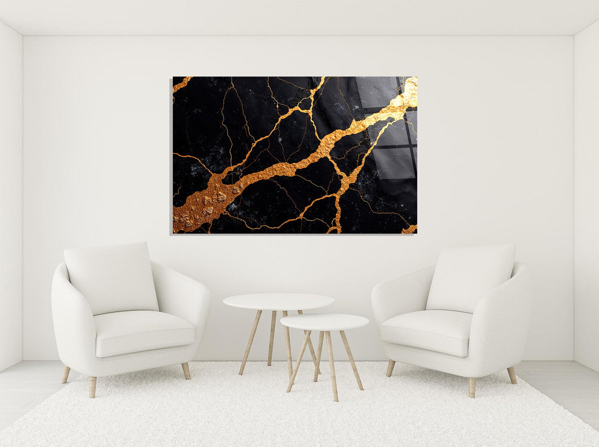 Black Marble with Gold Veins Glass Wall Art in a modern interior