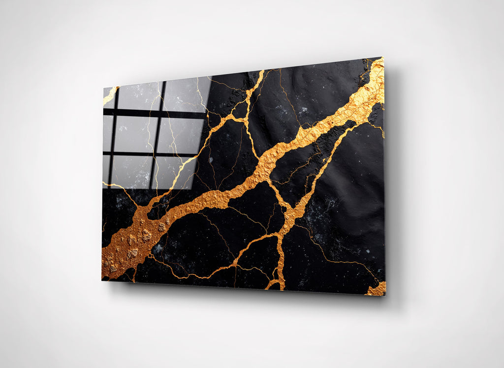 Black Marble with Gold Veins Glass Wall Art close-up
