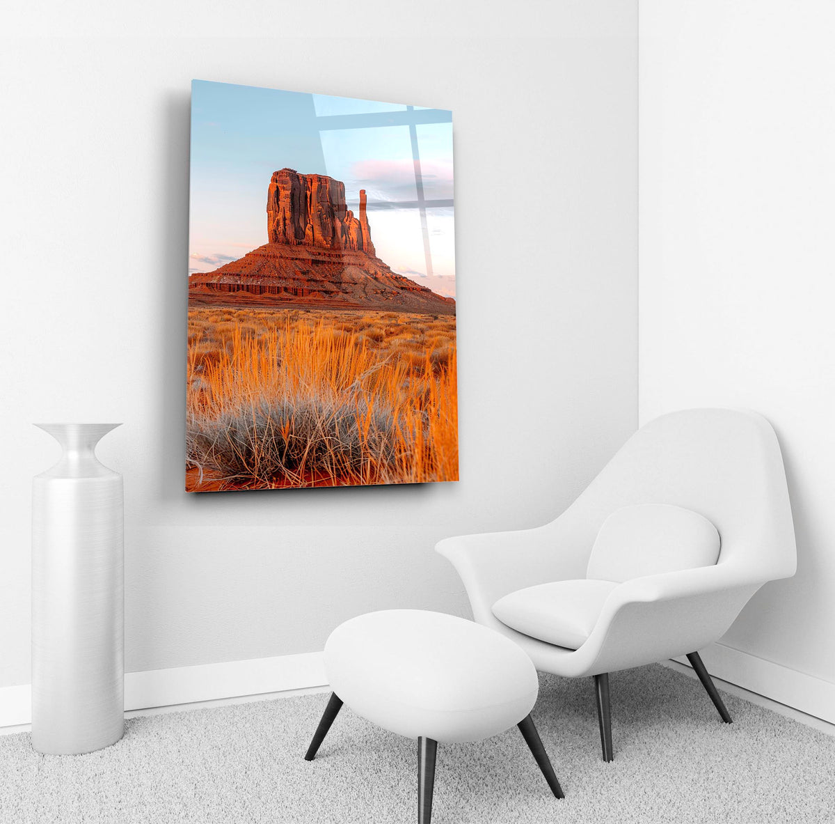 Desert Butte at Sunset Glass Wall Art in a living room interior