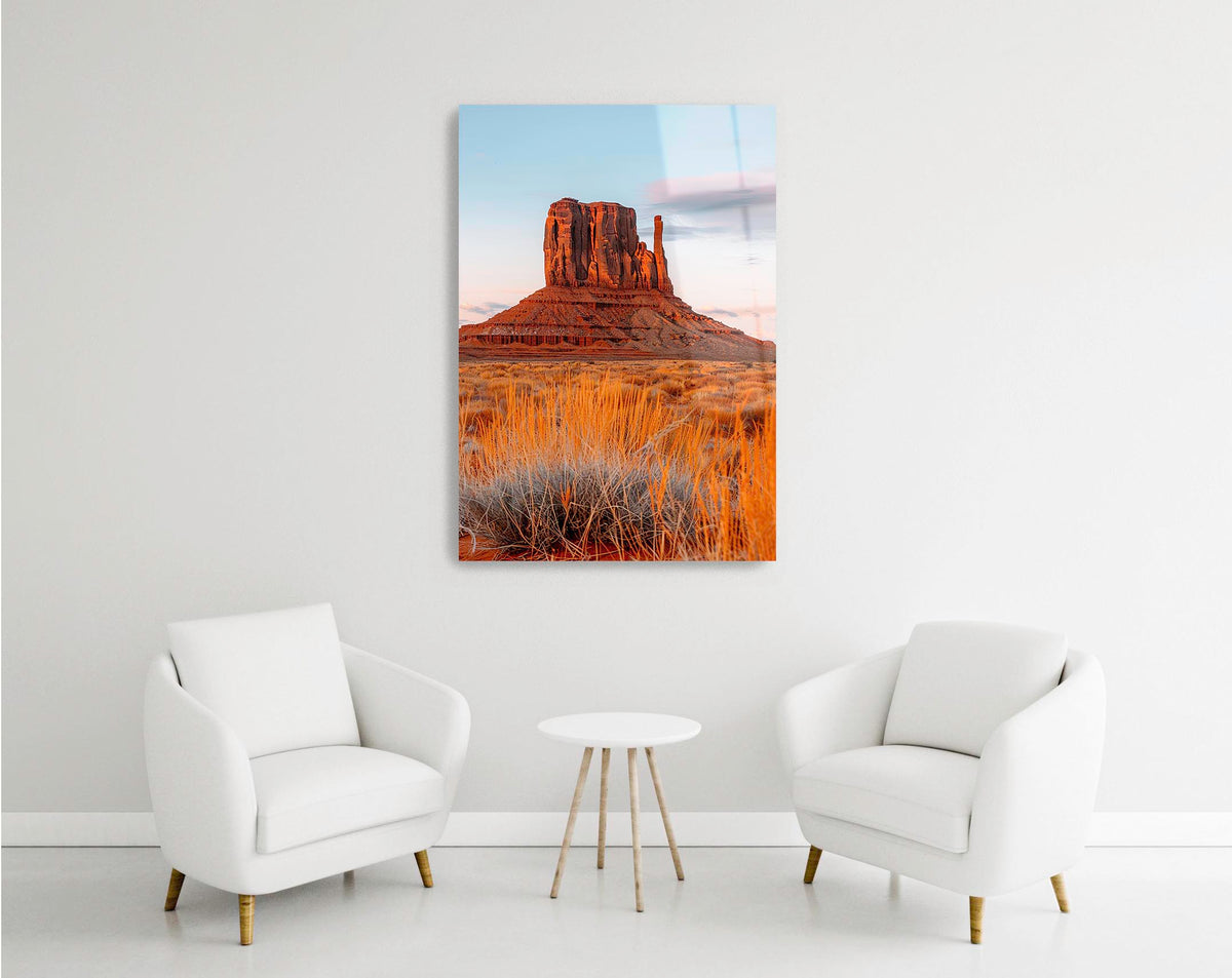 Desert Butte at Sunset Glass Wall Art in a modern interior