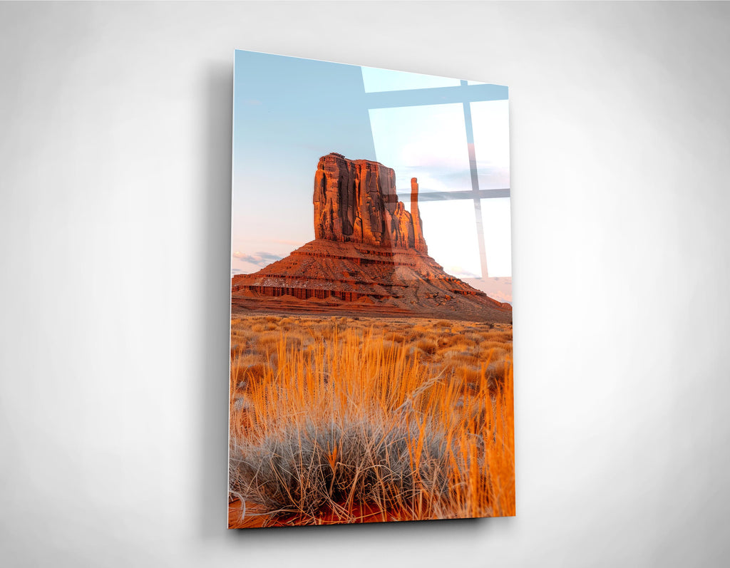 Desert Butte at Sunset Glass Wall Art close-up