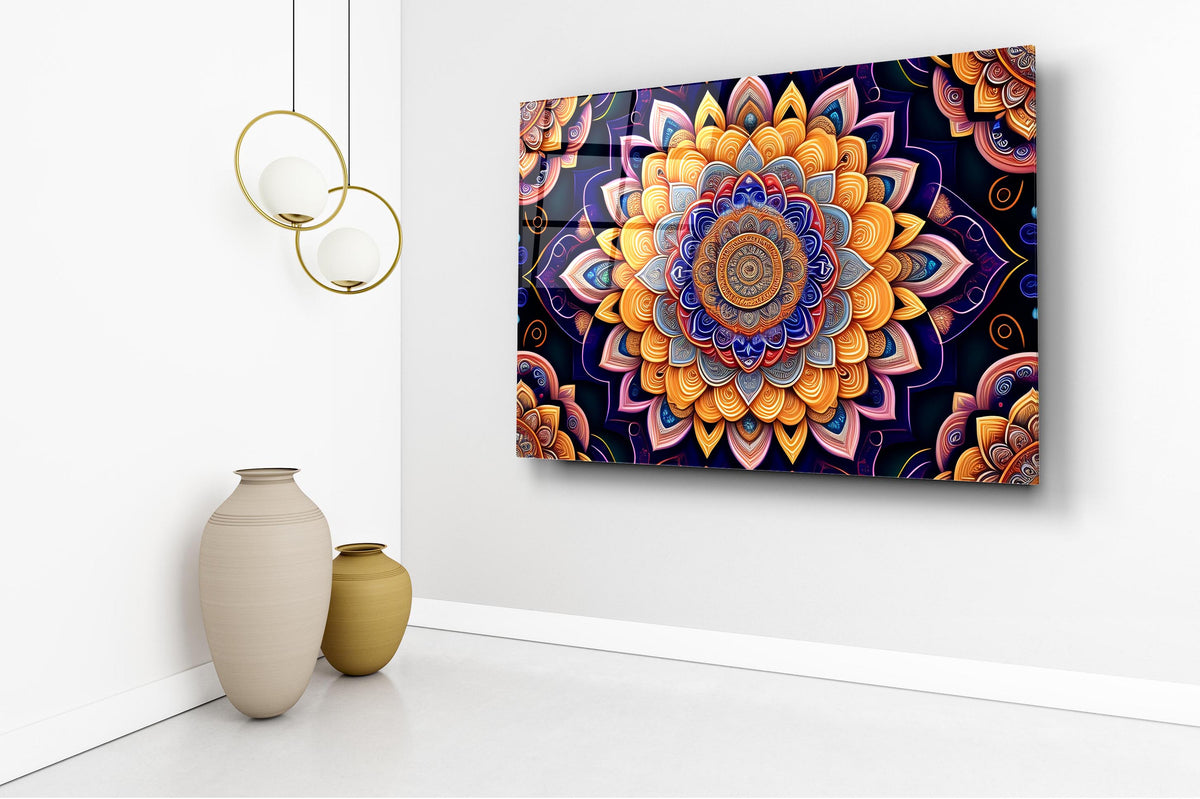 Orange and Indigo Mandala Glass Wall Art in a living room interior