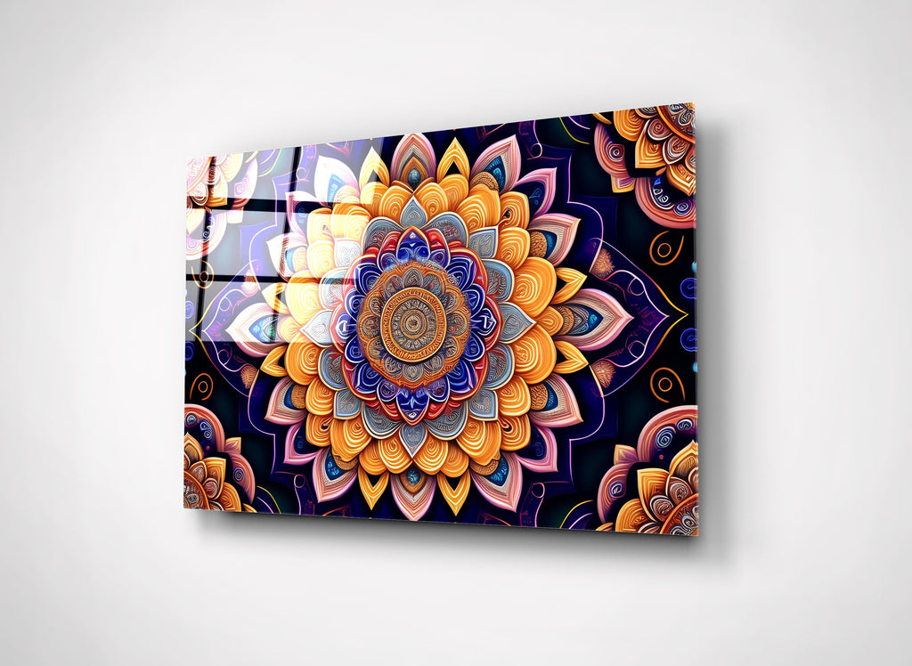 Orange and Indigo Mandala Glass Wall Art on the wall