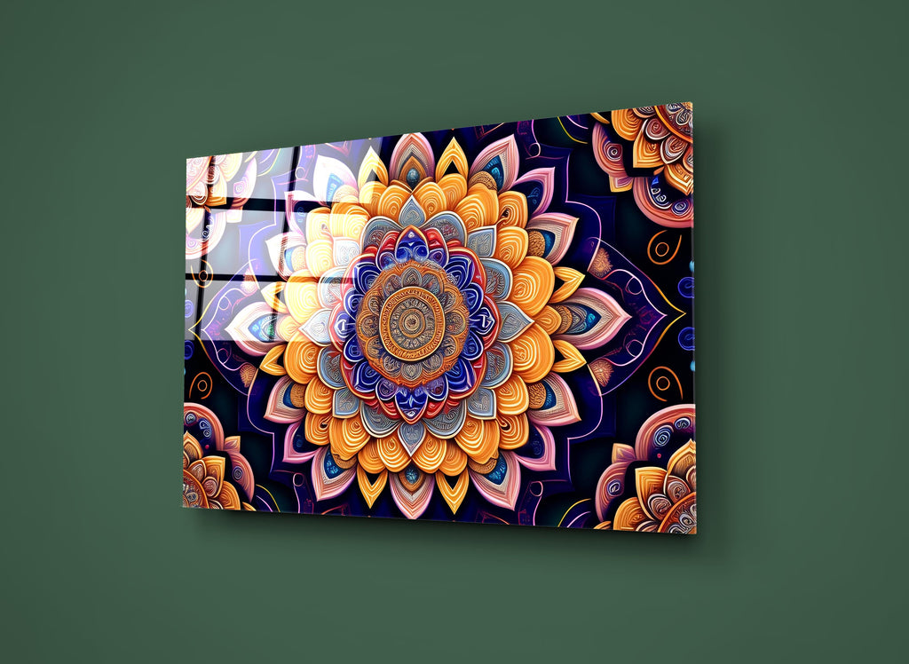 Orange and Indigo Mandala Glass Wall Art close-up