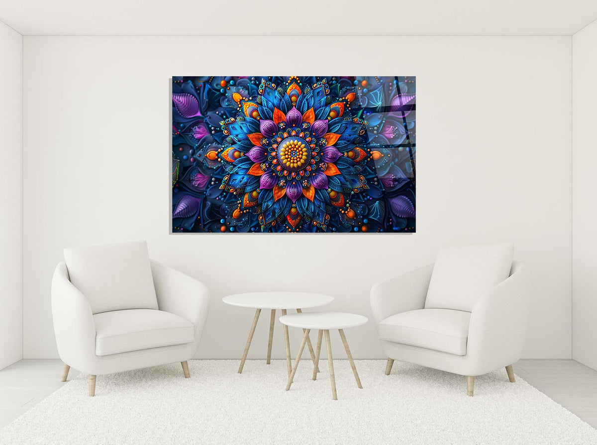 Vibrant Blue and Orange Mandala Glass Wall Art in a modern interior