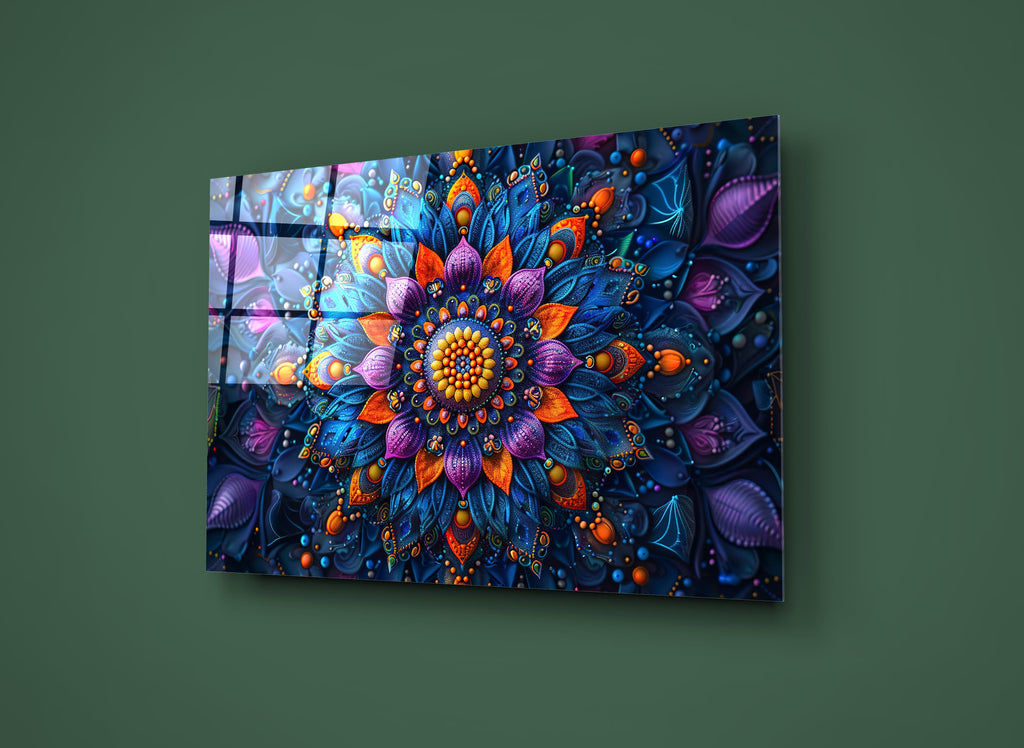Vibrant Blue and Orange Mandala Glass Wall Art on the wall