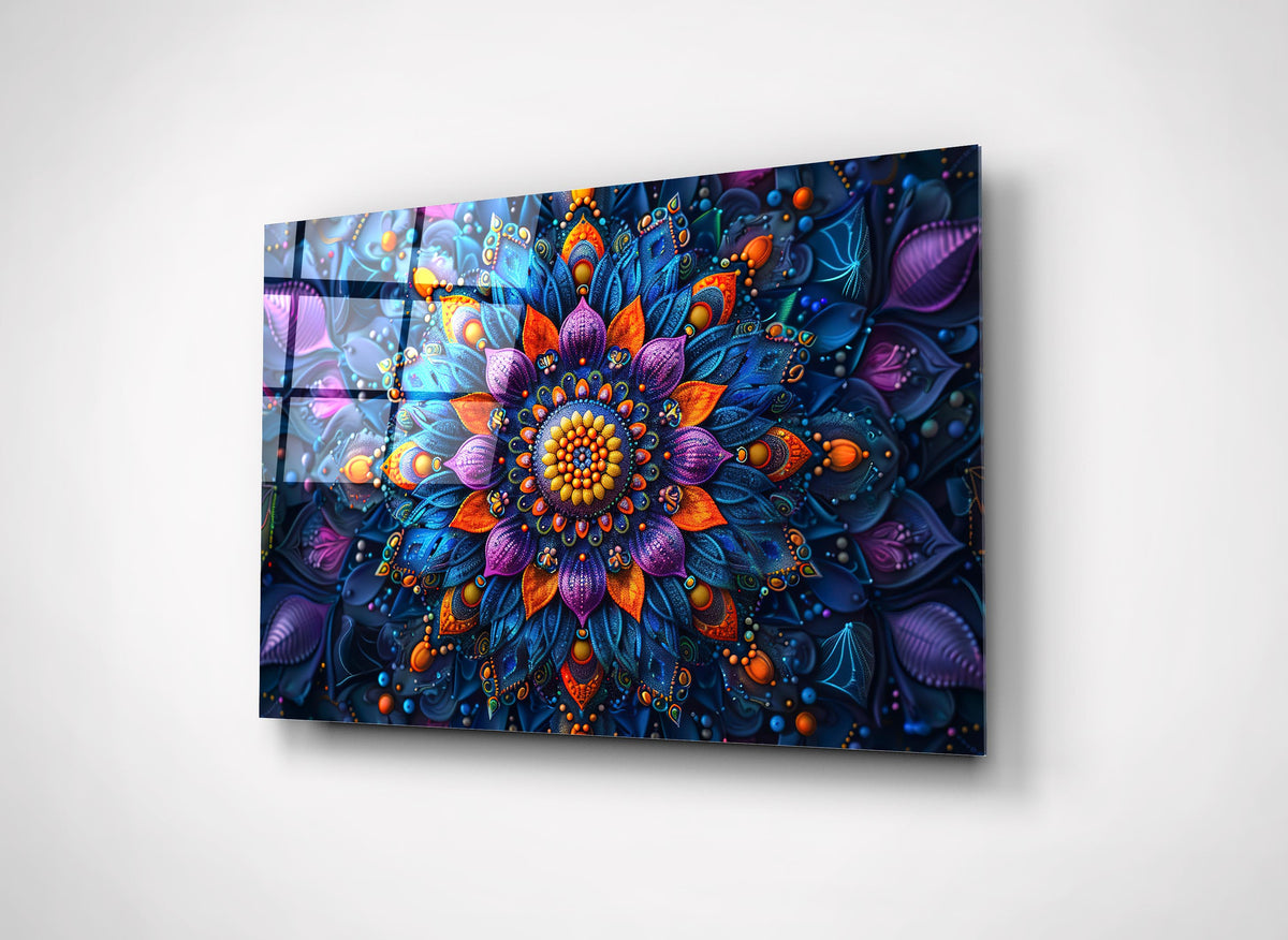 Vibrant Blue and Orange Mandala Glass Wall Art close-up
