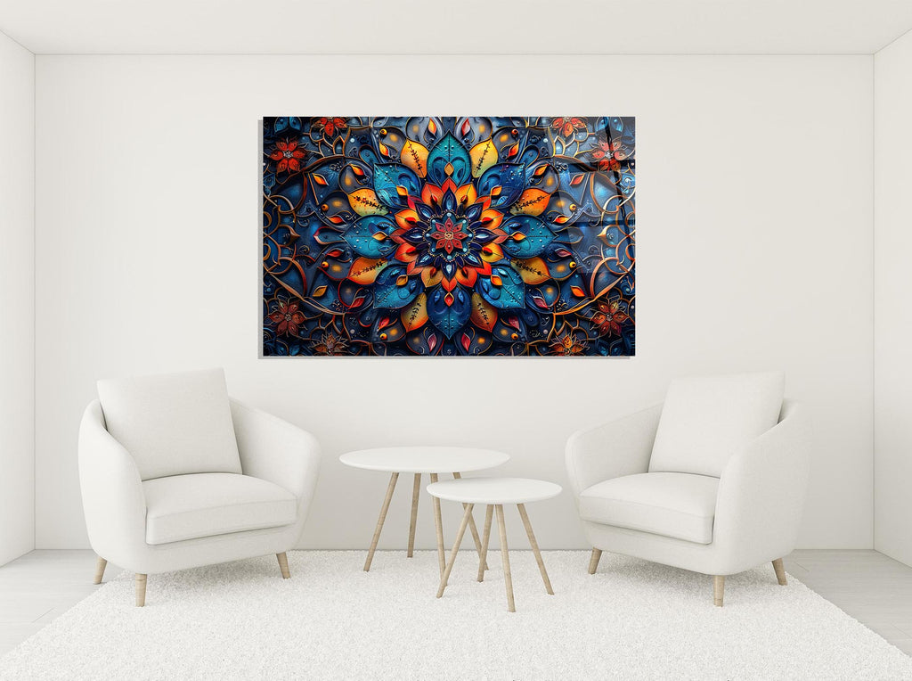 Colorful Mandala Flower Glass Wall Art in a modern interior