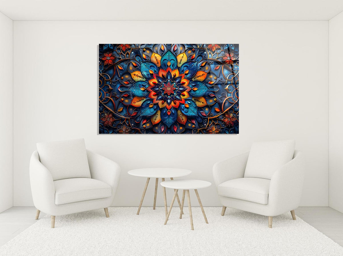 Colorful Mandala Flower Glass Wall Art in a modern interior