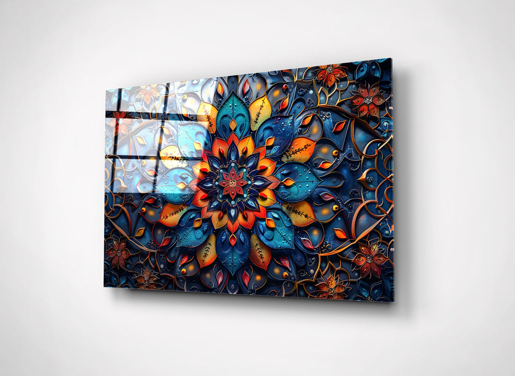 Colorful Mandala Flower Glass Wall Art on the wall