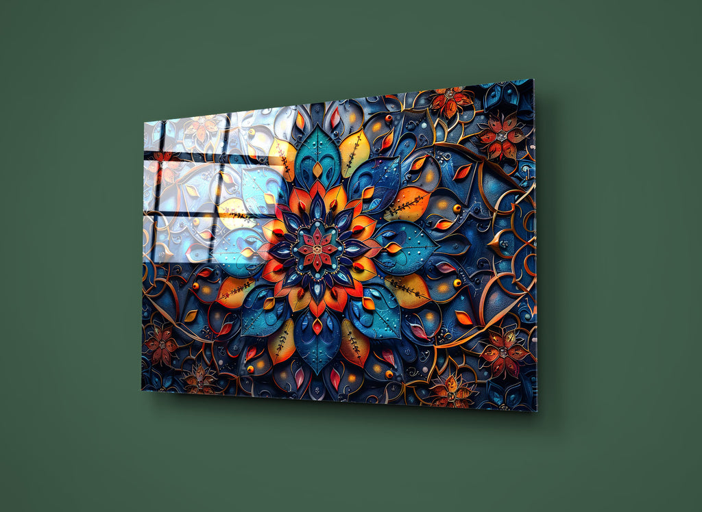 Colorful Mandala Flower Glass Wall Art close-up