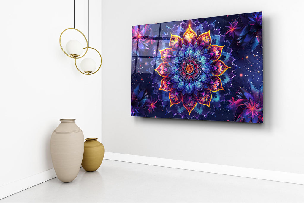 Neon Mandala Flower Glass Wall Art in a living room interior