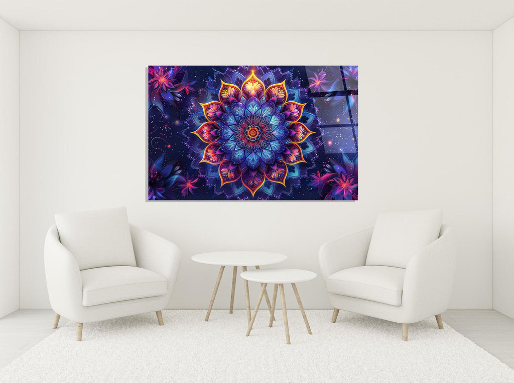 Neon Mandala Flower Glass Wall Art in a modern interior