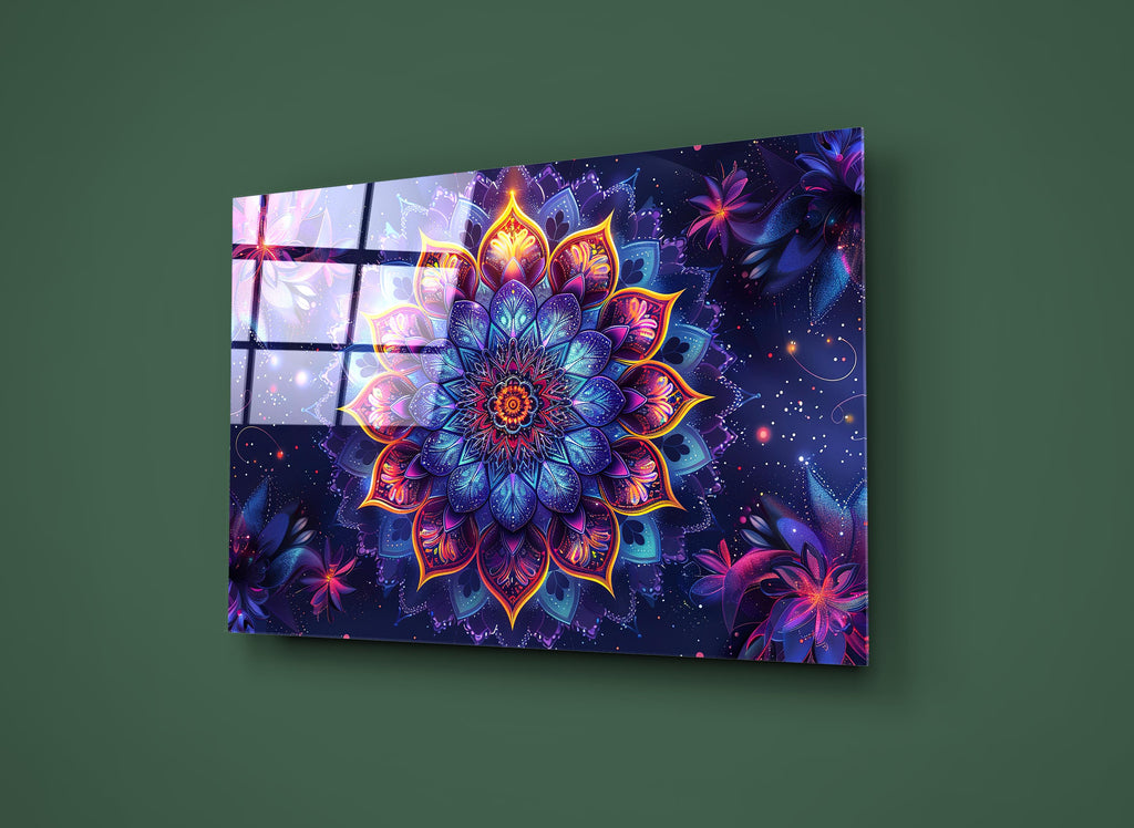 Neon Mandala Flower Glass Wall Art on the wall