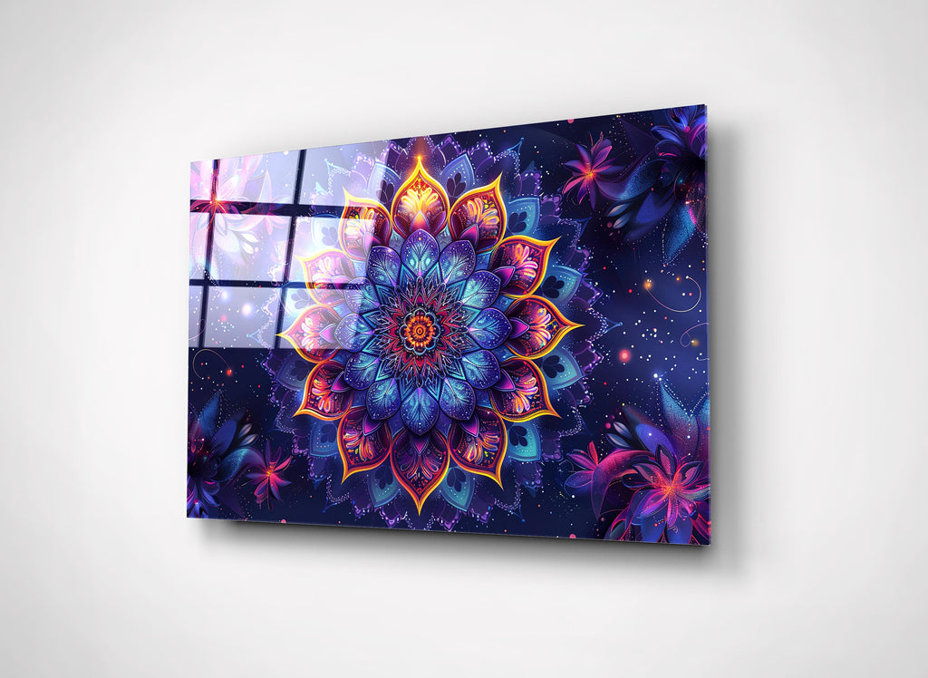 Neon Mandala Flower Glass Wall Art close-up