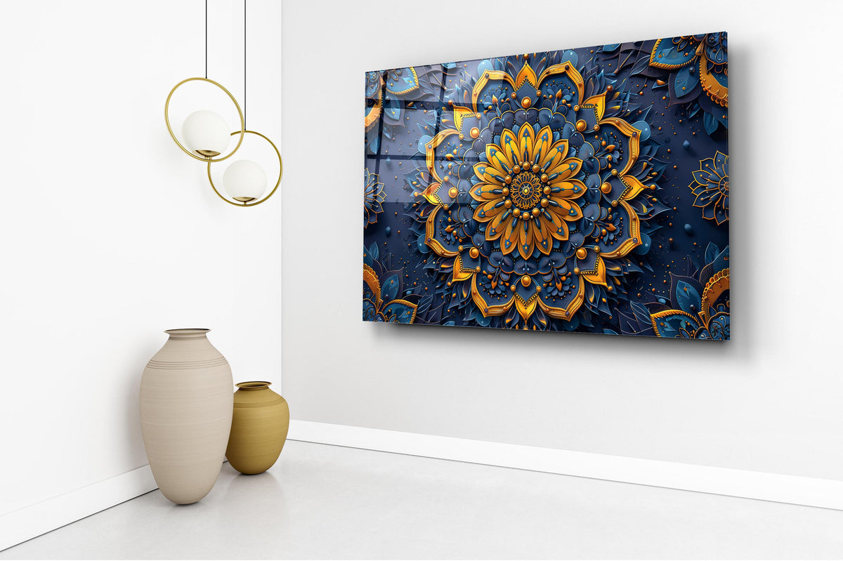 Navy and Gold Mandala Glass Wall Art in a living room interior