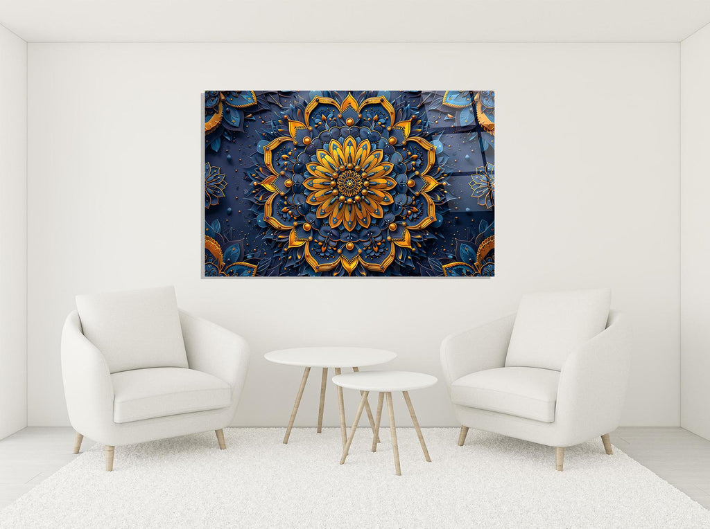 Navy and Gold Mandala Glass Wall Art in a modern interior