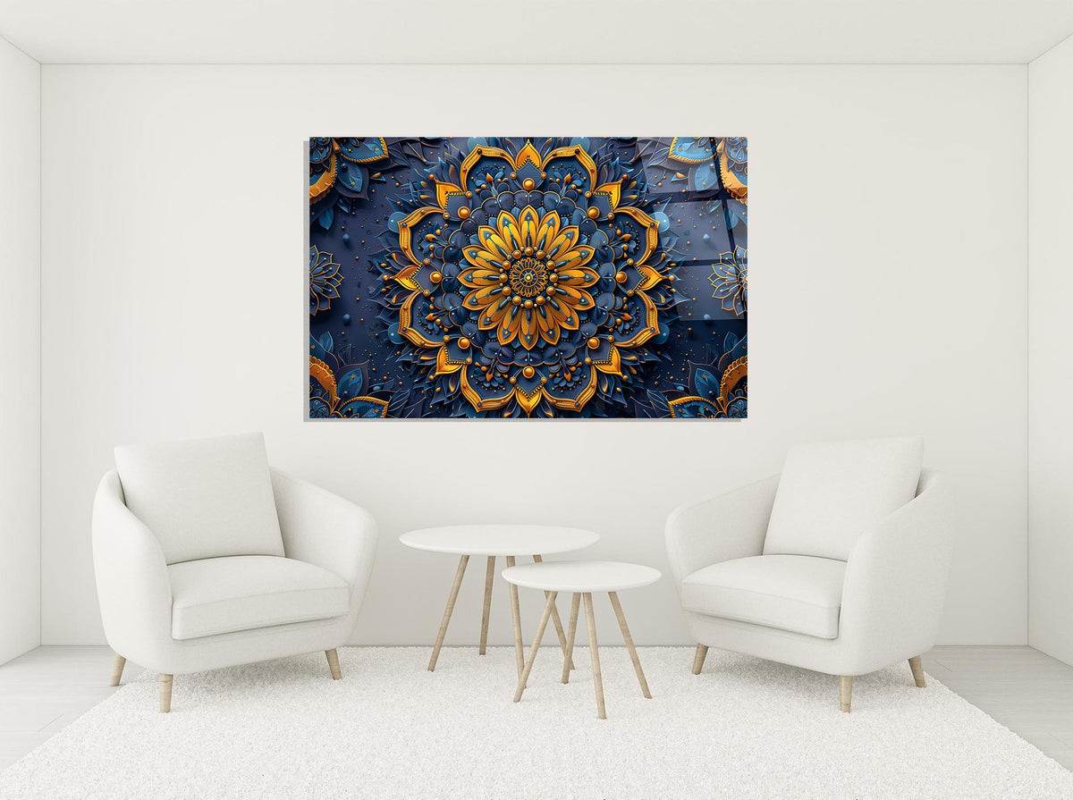 Navy and Gold Mandala Glass Wall Art in a modern interior