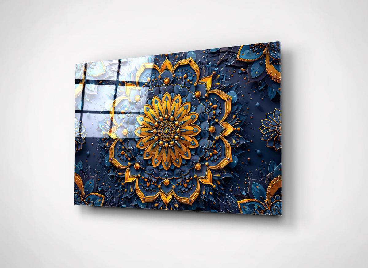 Navy and Gold Mandala Glass Wall Art on the wall