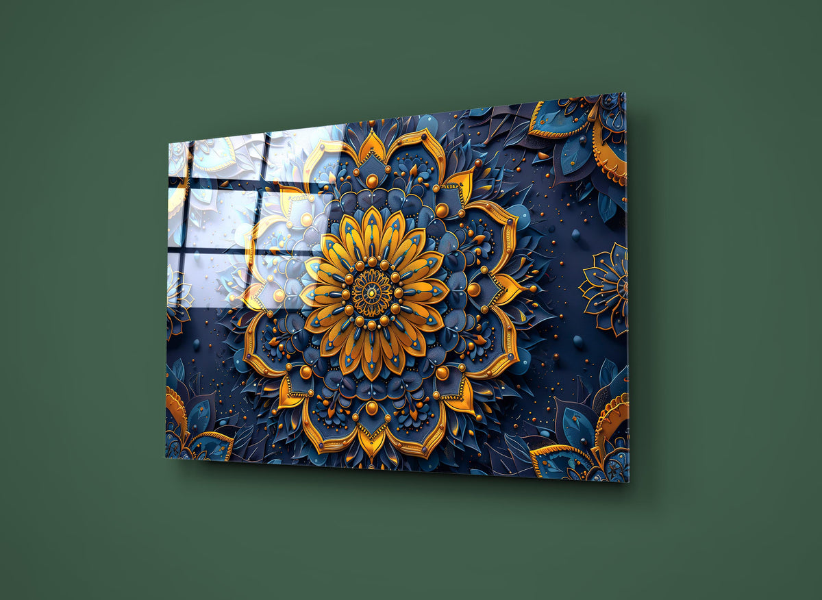 Navy and Gold Mandala Glass Wall Art close-up