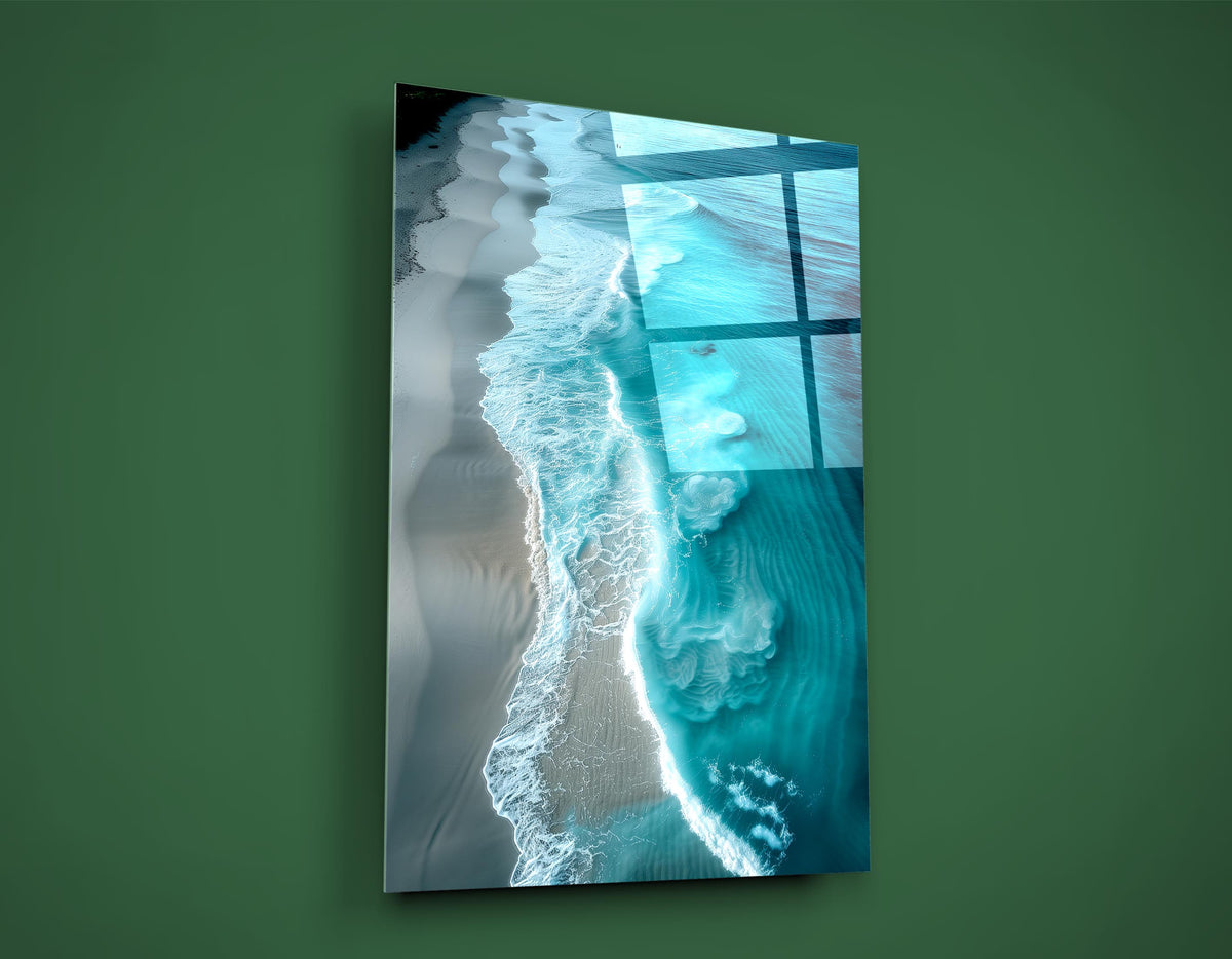 Aerial Turquoise Ocean Beach Glass Wall Art on the wall