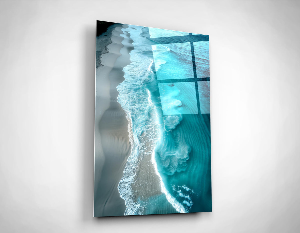 Aerial Turquoise Ocean Beach Glass Wall Art close-up
