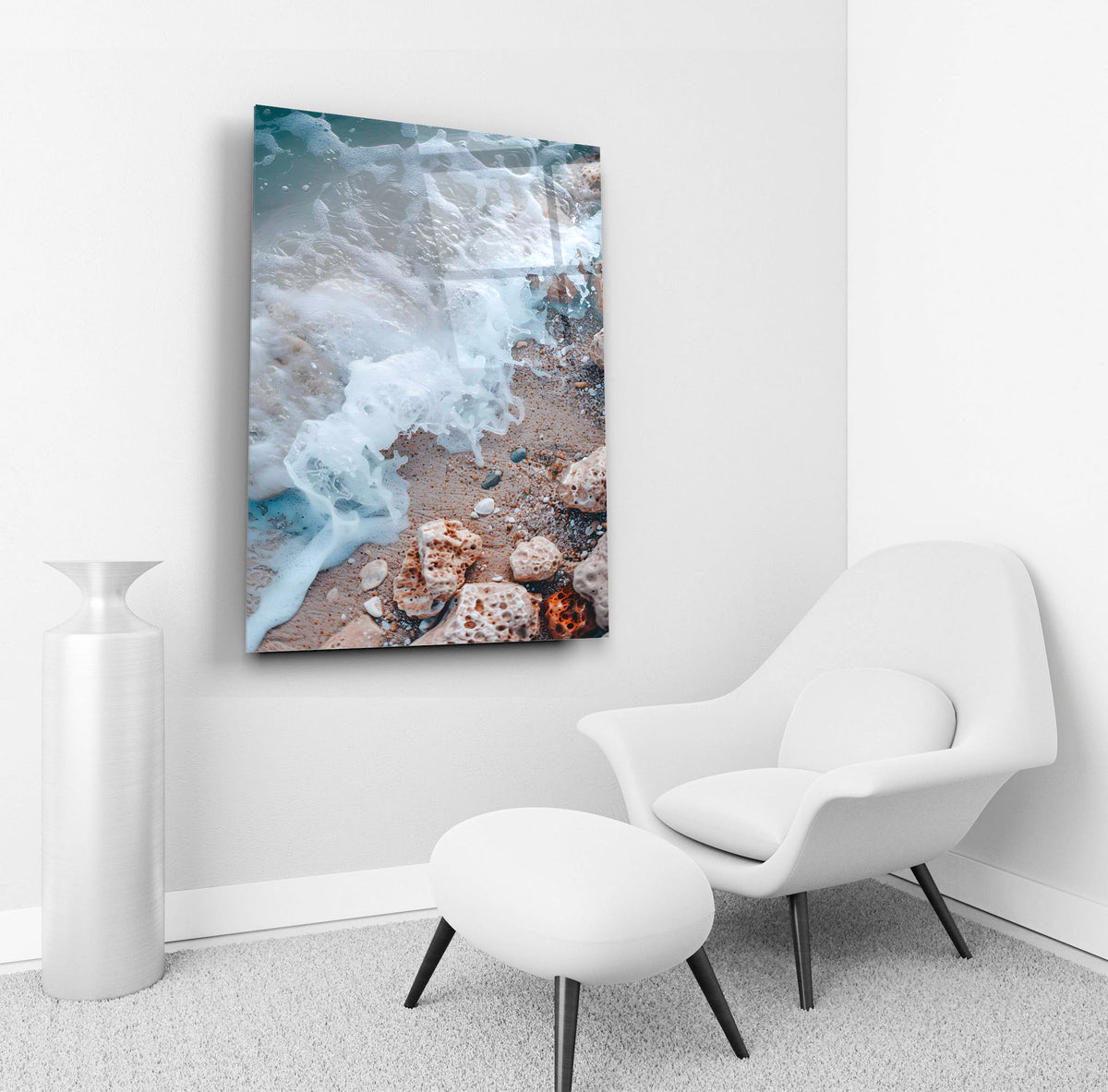 Sea Foam on a Pebble Beach Glass Wall Art in a living room interior