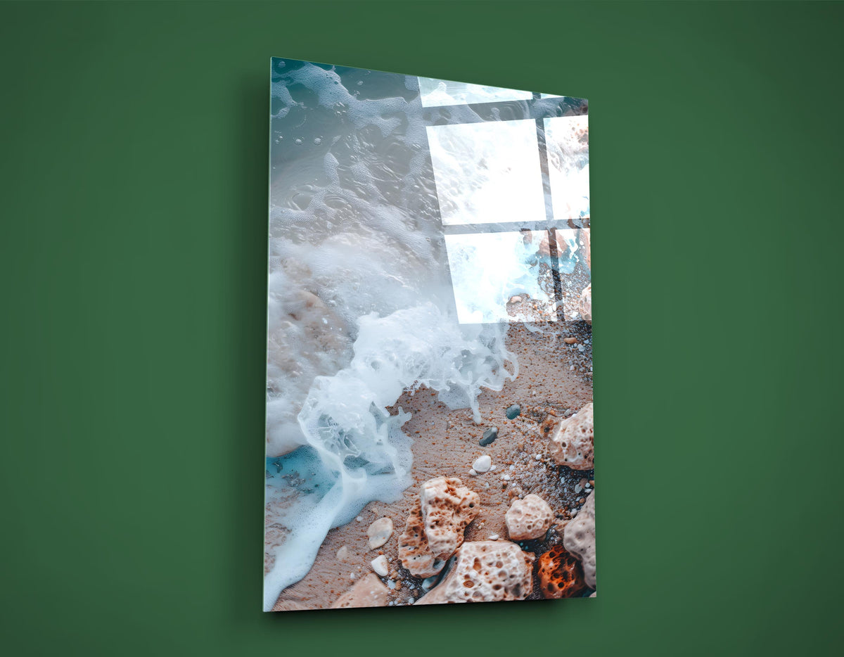 Sea Foam on a Pebble Beach Glass Wall Art close-up