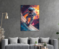 Astronaut Surfing Through Space Glass Wall Art in a living room interior