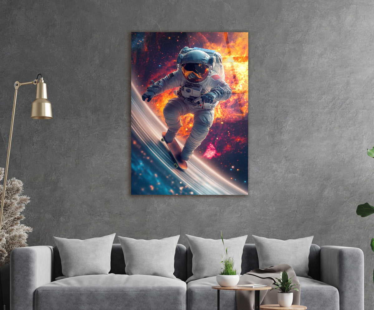 Astronaut Surfing Through Space Glass Wall Art in a living room interior