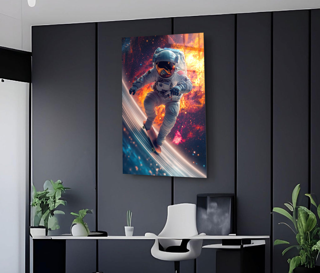 Astronaut Surfing Through Space Glass Wall Art in a modern interior