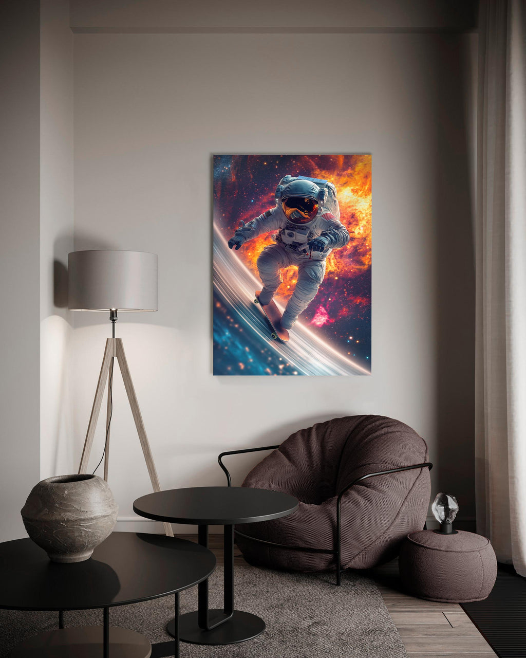 Astronaut Surfing Through Space Glass Wall Art on the wall