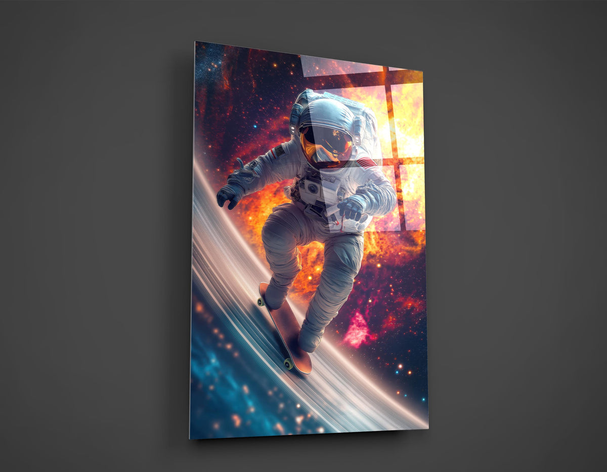 Astronaut Surfing Through Space Glass Wall Art close-up