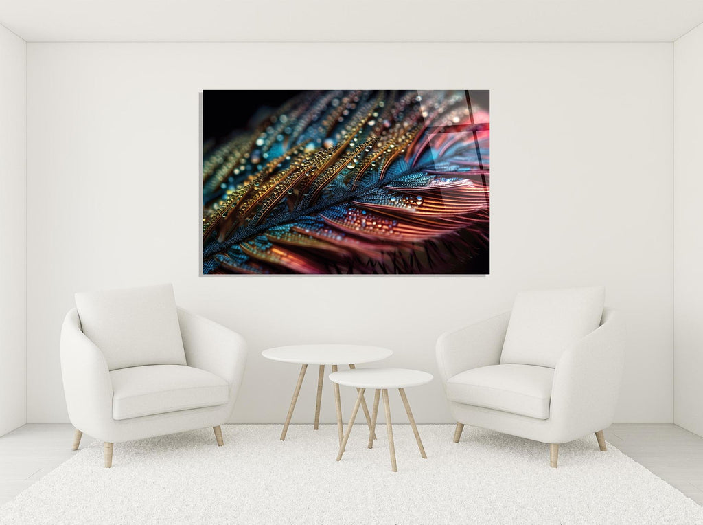 Iridescent Feather With Dew Drops Glass Wall Art in a modern interior