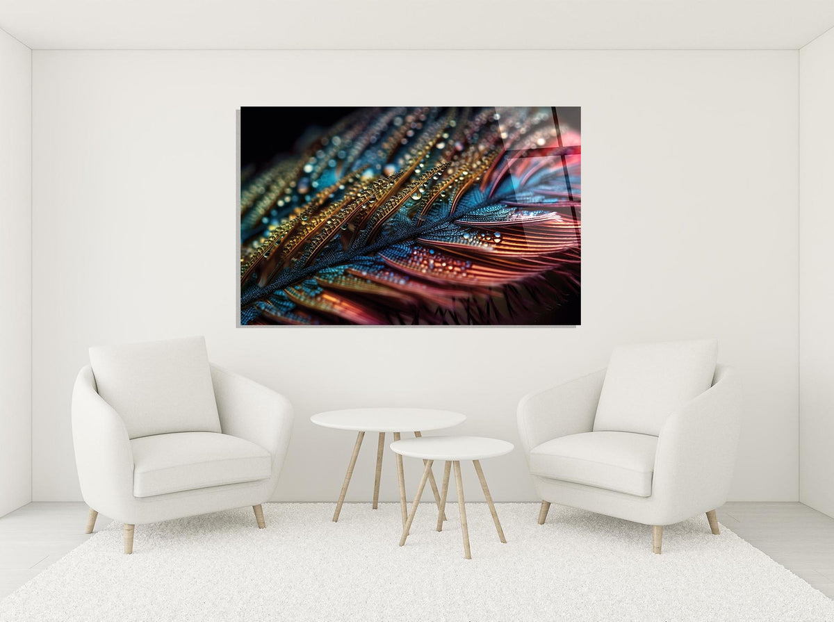 Iridescent Feather With Dew Drops Glass Wall Art in a modern interior