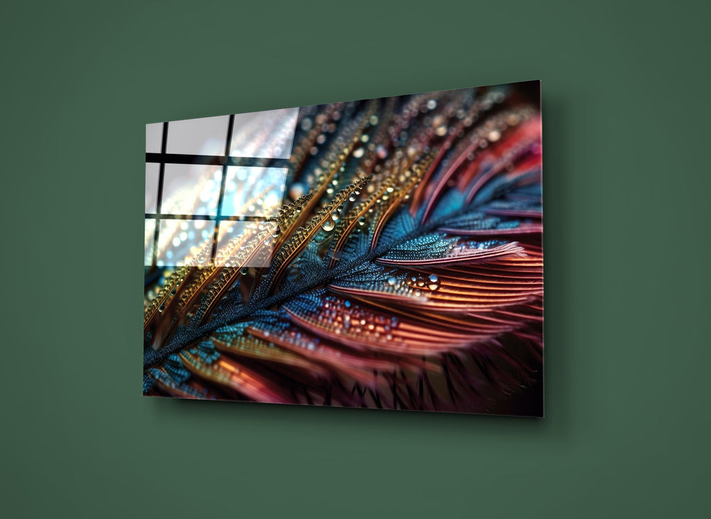Iridescent Feather With Dew Drops Glass Wall Art on the wall