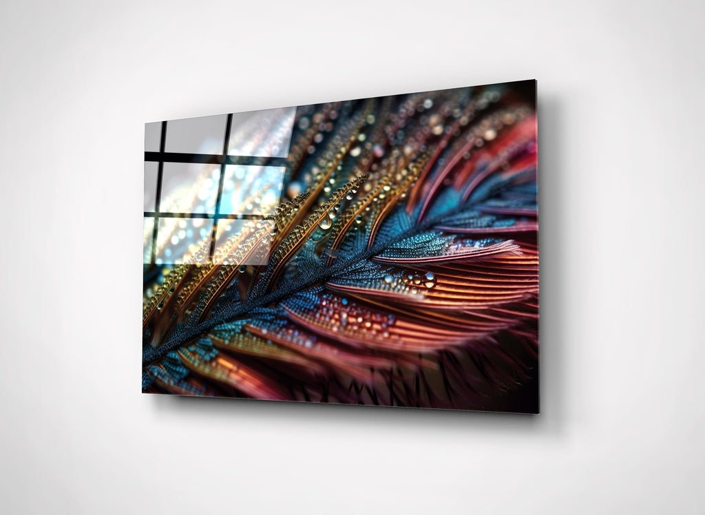 Iridescent Feather With Dew Drops Glass Wall Art close-up