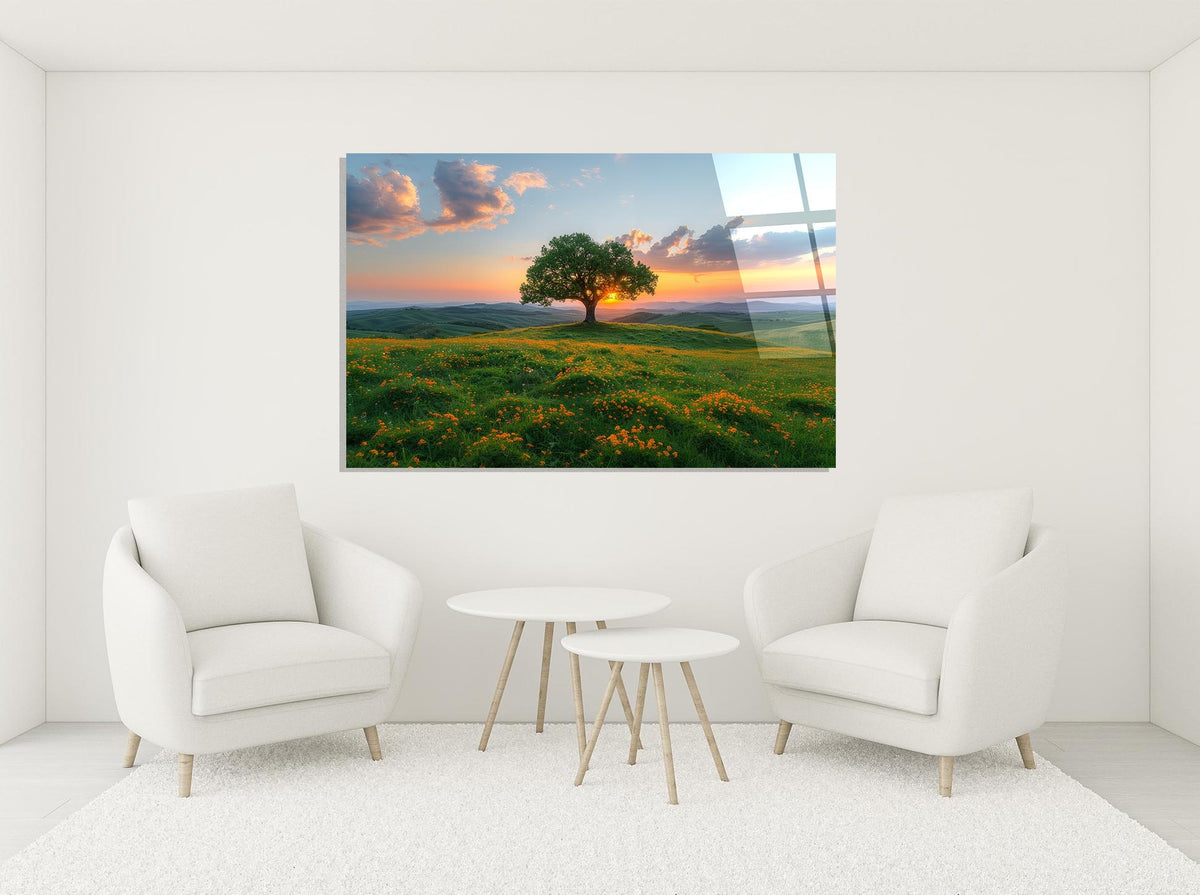 Lone Tree on Sunset Meadow Glass Wall Art in a modern interior