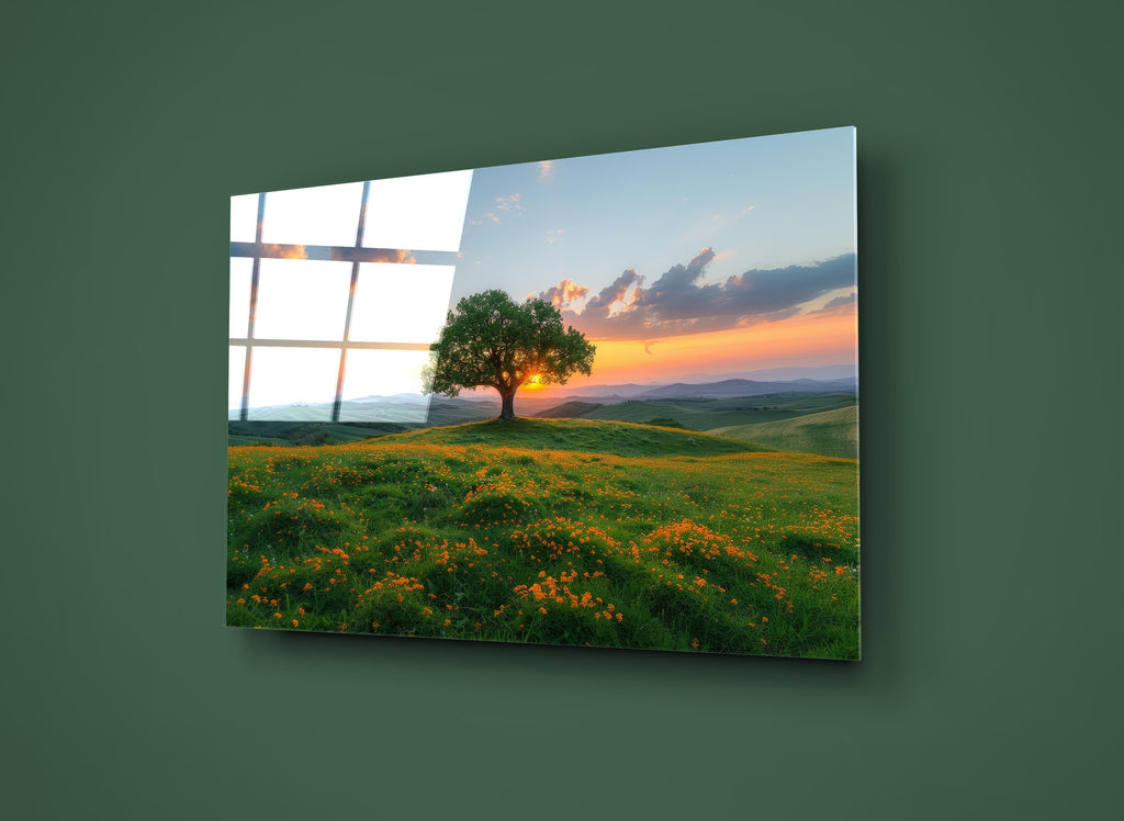 Lone Tree on Sunset Meadow Glass Wall Art close-up