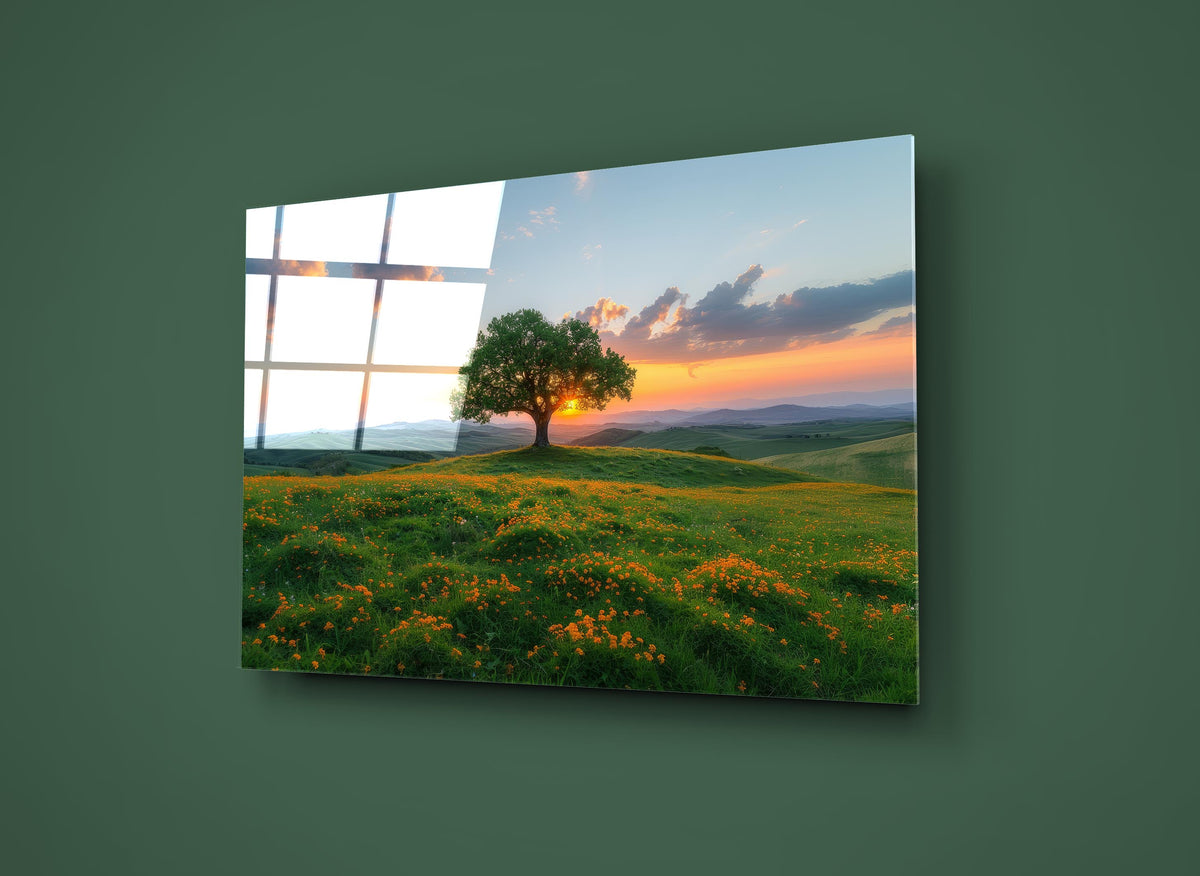 Lone Tree on Sunset Meadow Glass Wall Art close-up