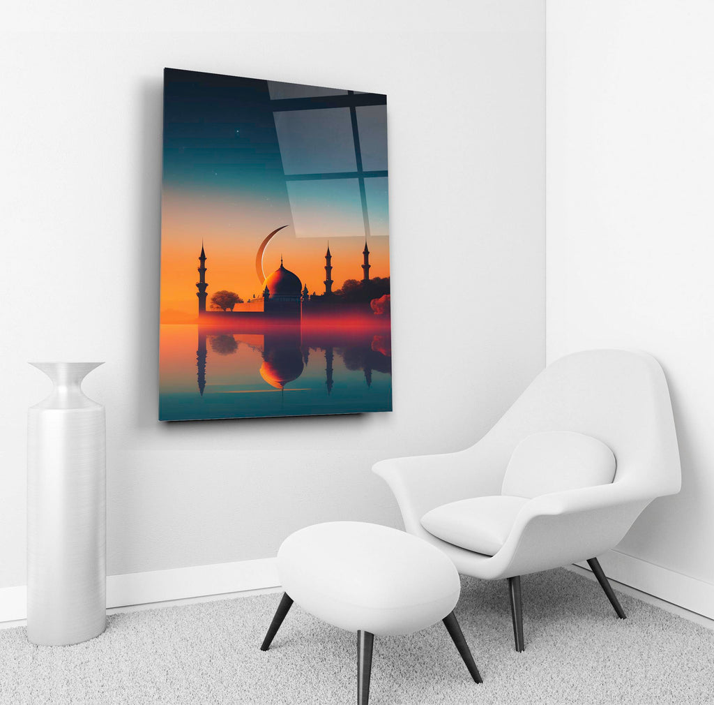 Mosque Silhouette at Sunset Glass Wall Art in a living room interior