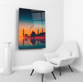 Mosque Silhouette at Sunset Glass Wall Art in a living room interior